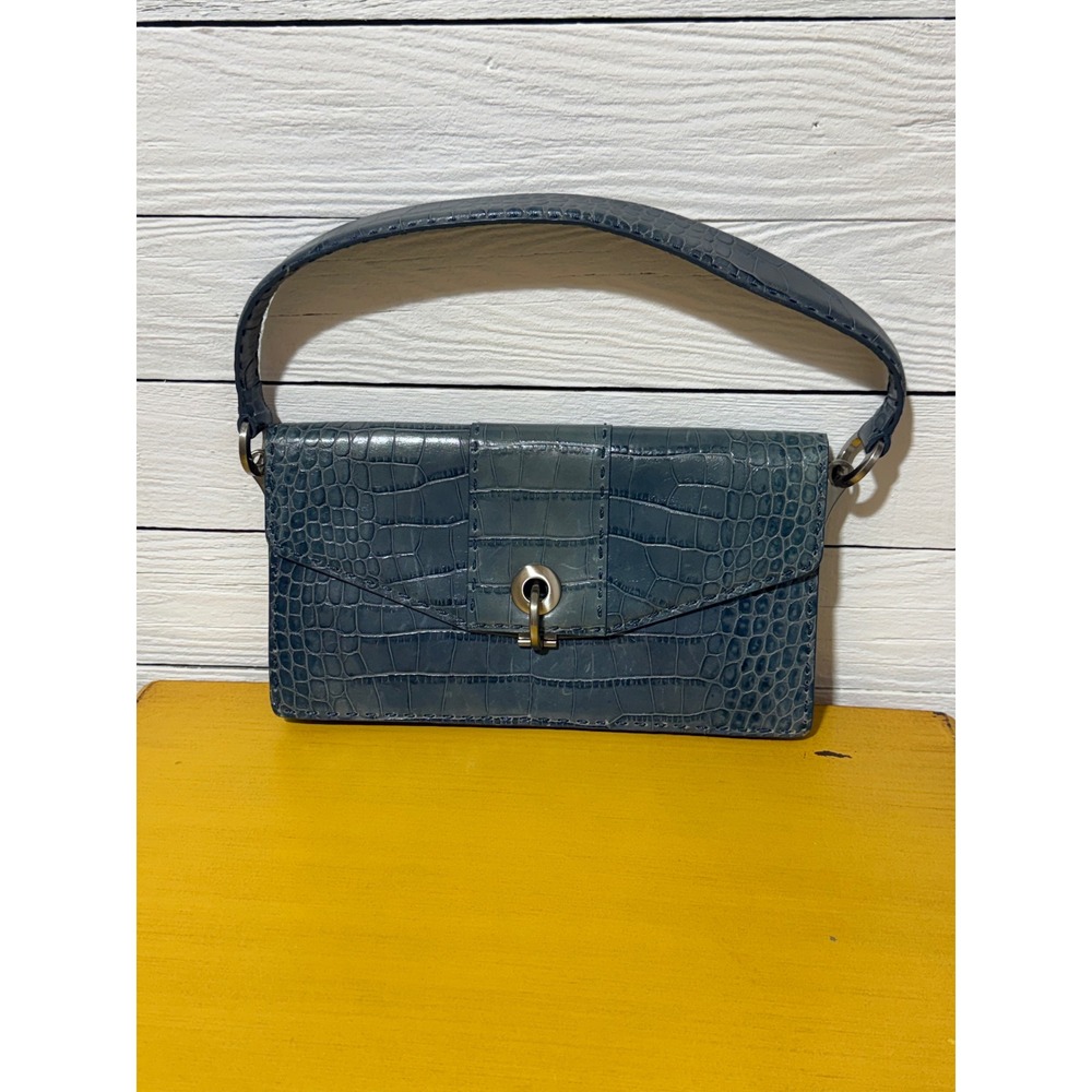 Blue Croc Embossed Leather Shoulder Bag Metallic Whipstitch Baguette Vintage